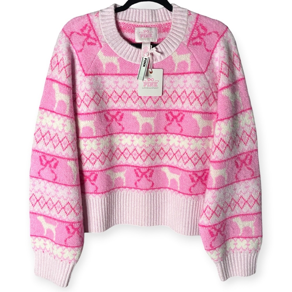 Victoria’s Secret L PINK x LoveShackFancy Sweater Dog Box Wool Mix Crew Xmas